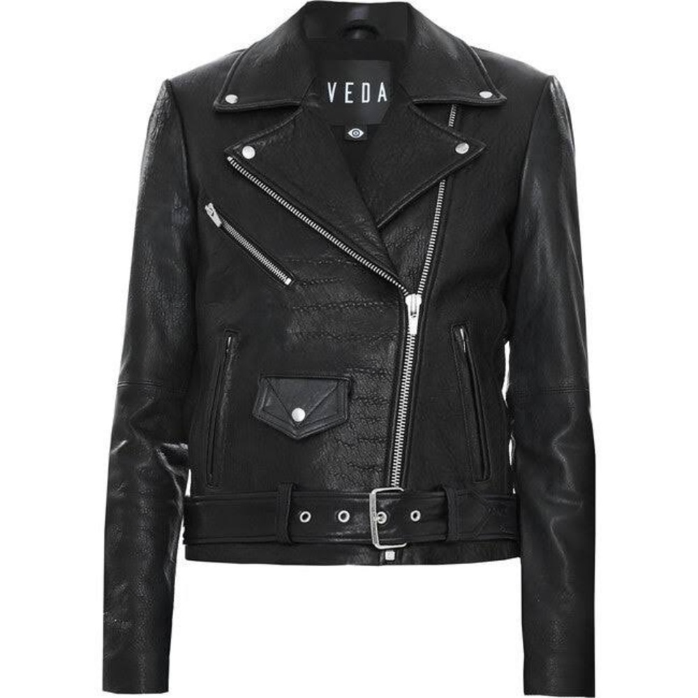 VEDA Black Leather Biker Jacket, Size M